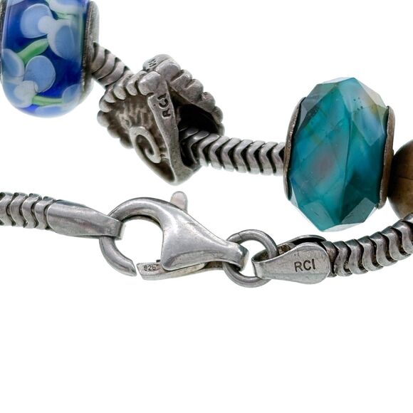 Vintage Sterling Silver 925 6 Charm Bracelet with Blue Murano Glass Beads 7.75" - Picture 3 of 6
